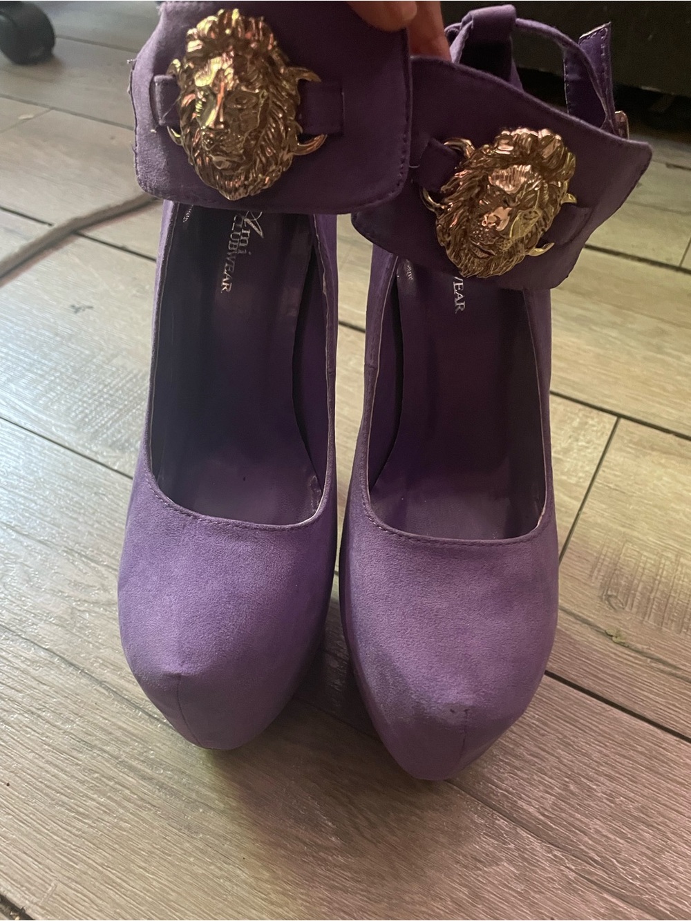 Ami Purple Platform Heels with Gold Lion Medallions